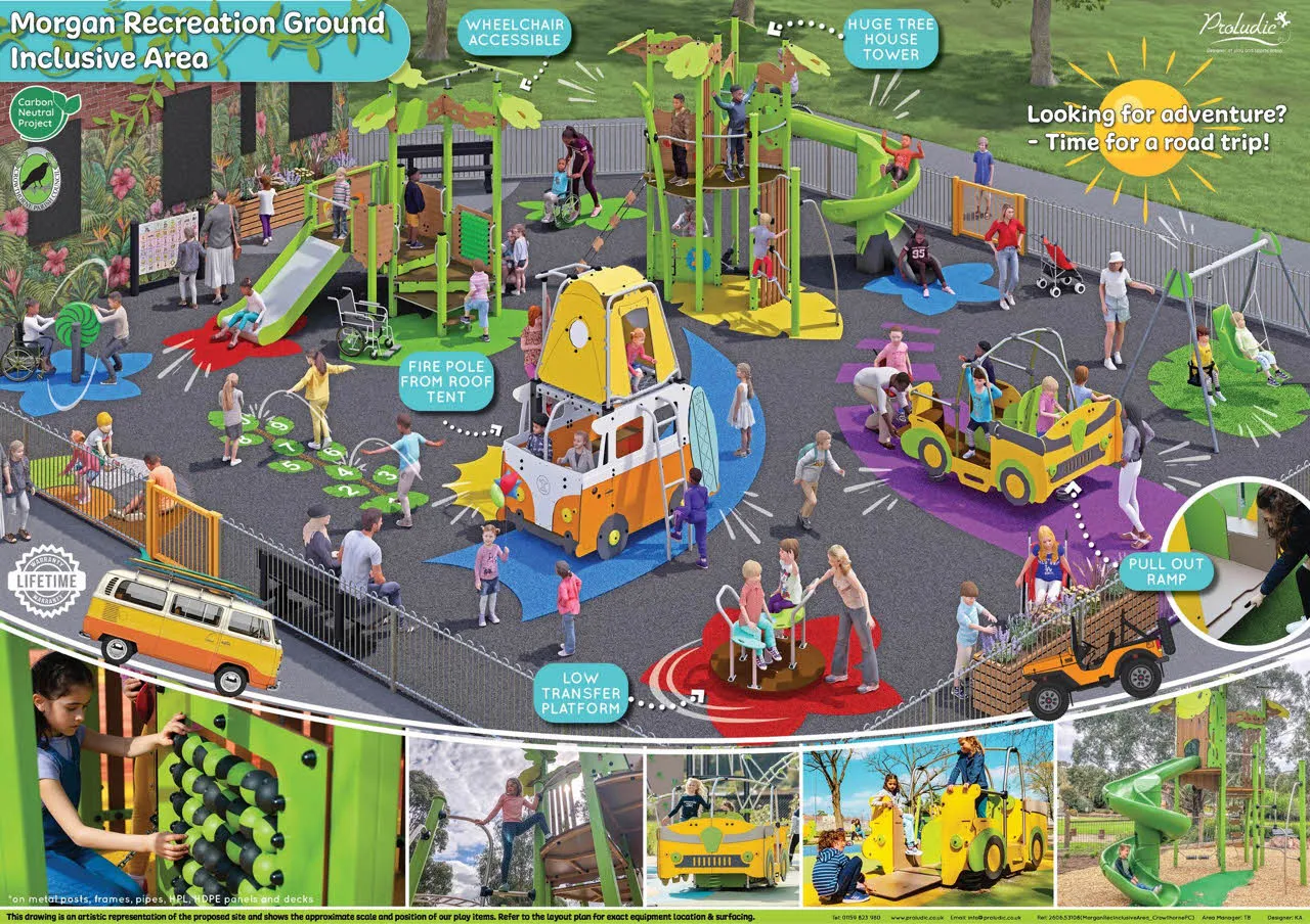 An artist's drawing of the Morgan Recreation Ground inclusive play area, showing a campervan with a roof tent, a safari jeep, a tree house tower with a spiral slide, swings, a roundabout, a number trail, and a wildlife mural on the wall, with labels for wheelchair access, a low transfer platform and a pull out ramp