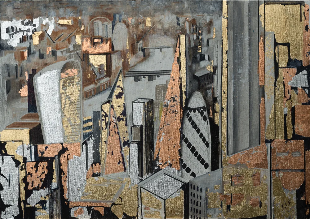 Painting of London's City towers, including the Gherkin, in gold, silver and copper-coloured leaf