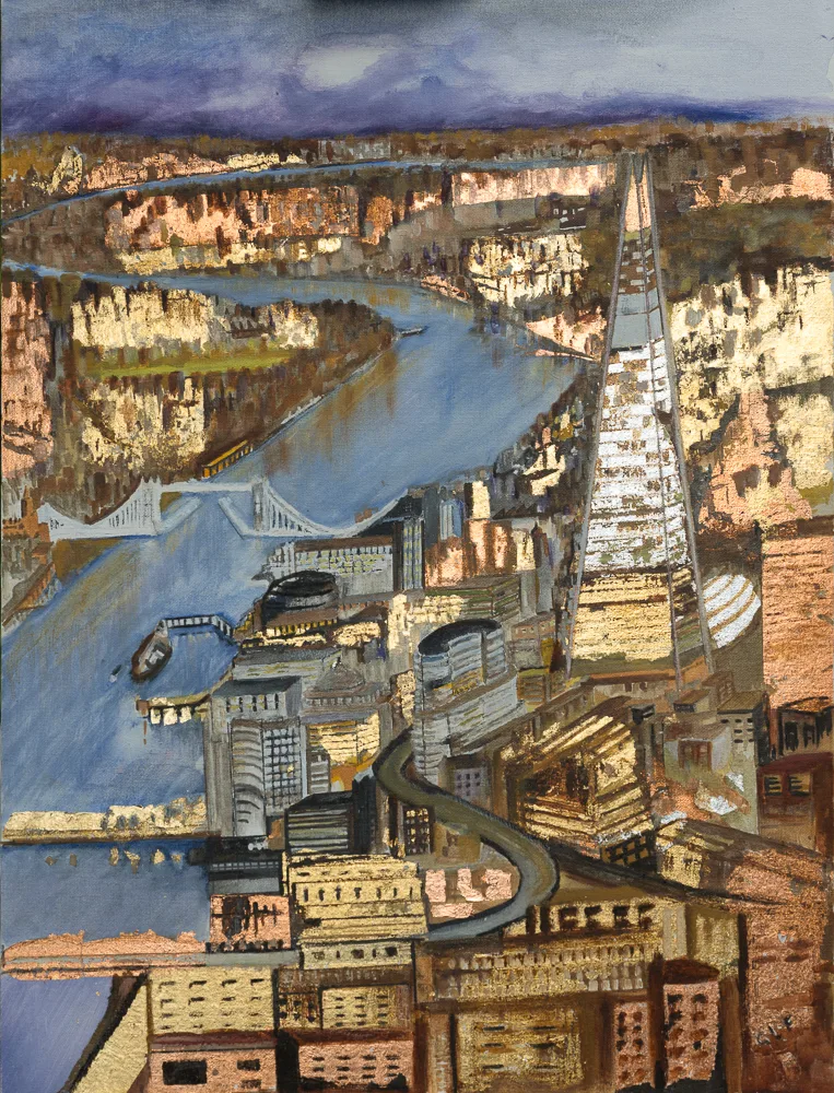 Painting of the Shard and Tower Bridge above the Thames, picked out in gold, silver and bronze leaf