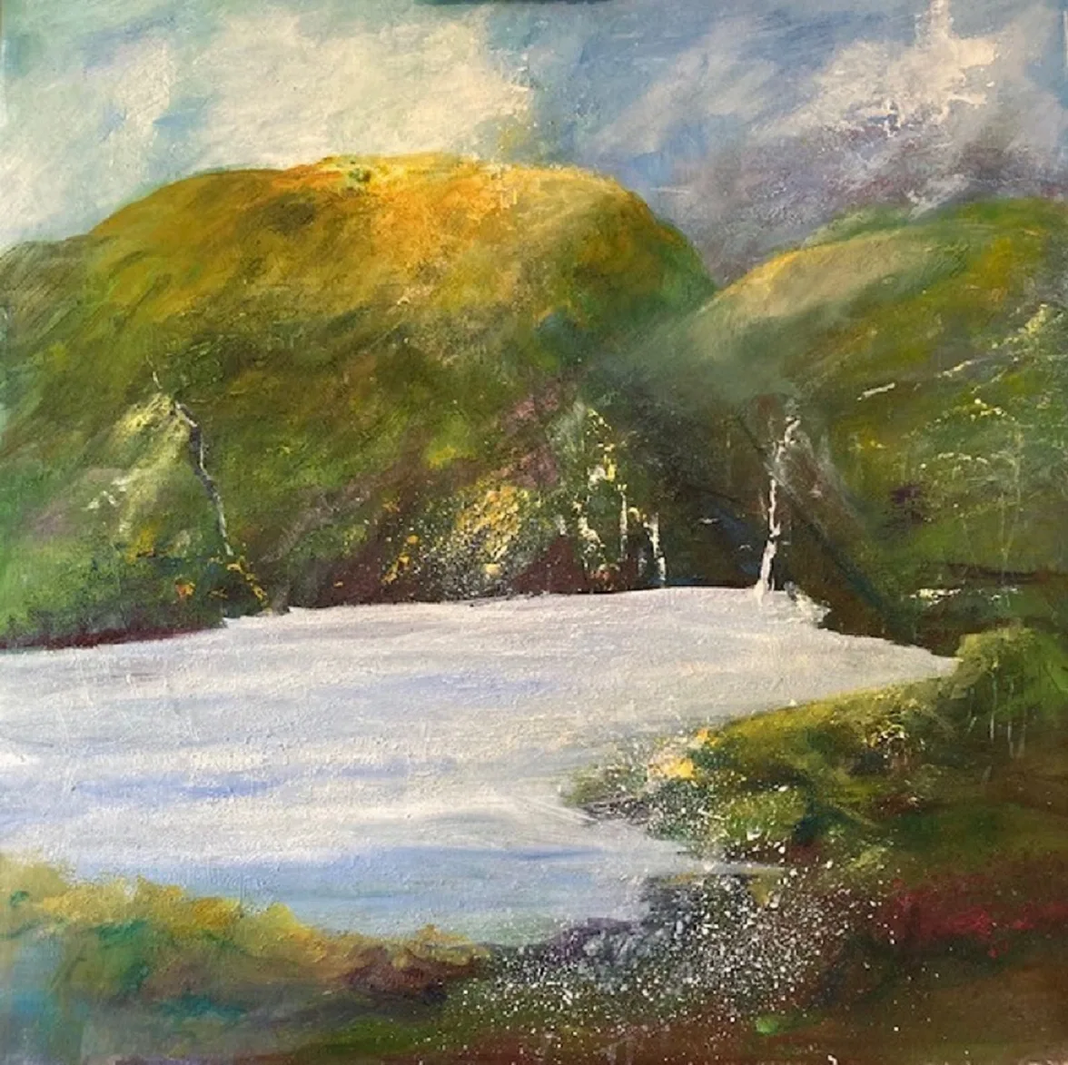 Painting of green mountains above a pale lake