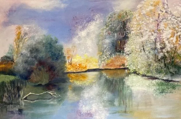Painting of trees in autumn colour reflected in a still river