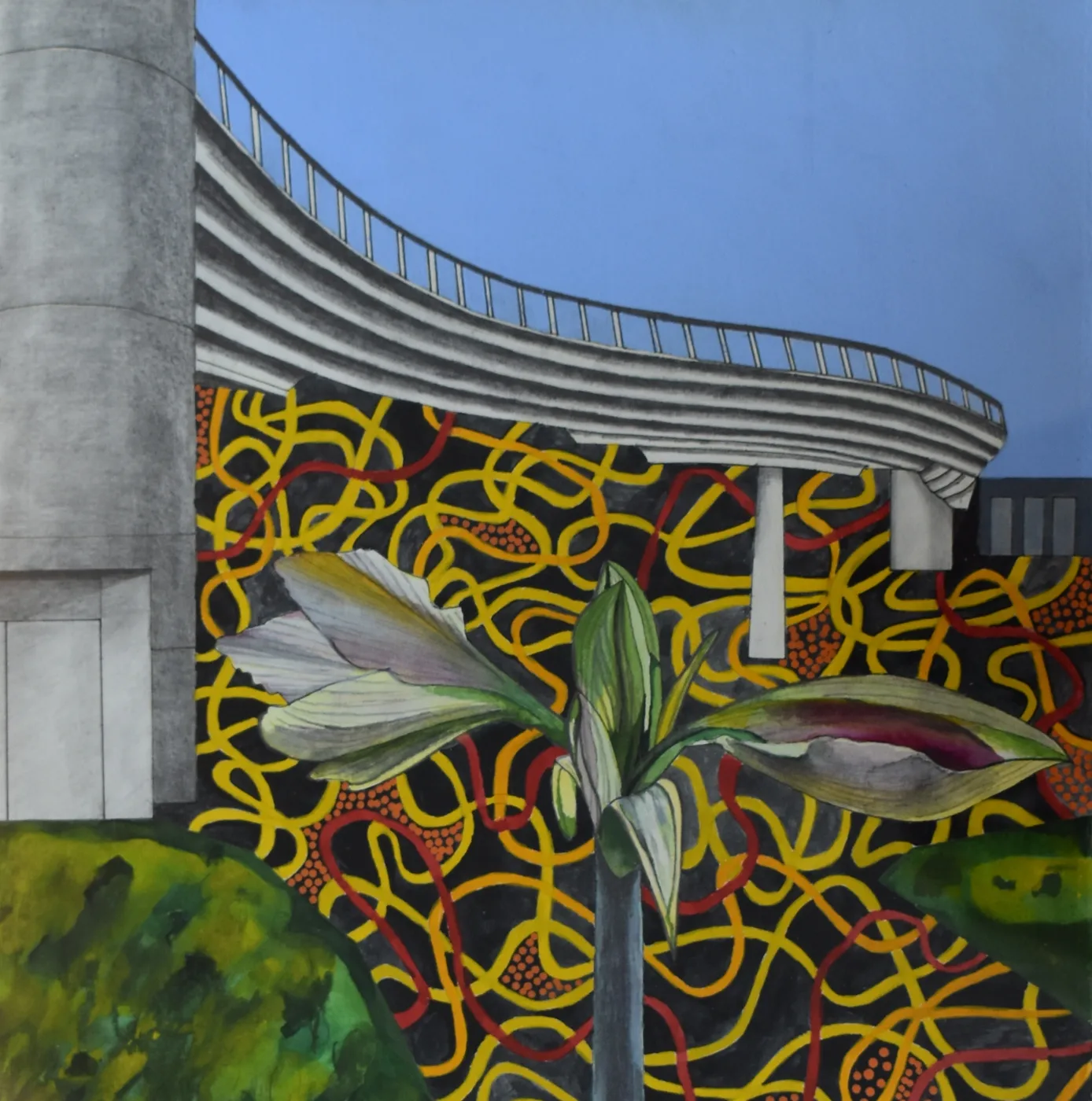 Painting of a curving concrete flyover above a large lily-like flower against a black, red and yellow patterned background