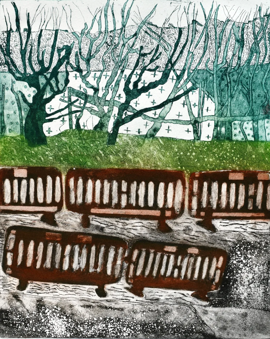 Print of bare trees in green above rows of rust-coloured barriers
