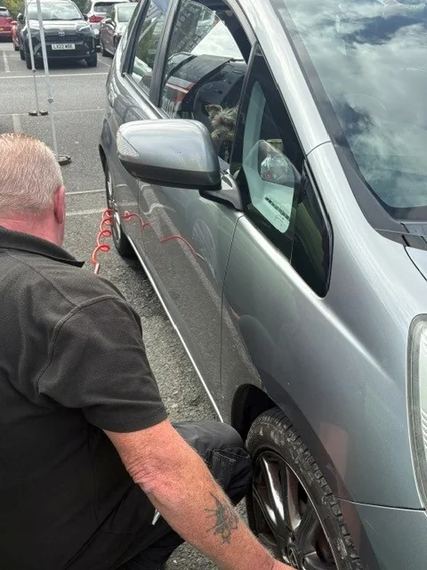 A dog watching from the window of a silver car while a technician works on the front tyre